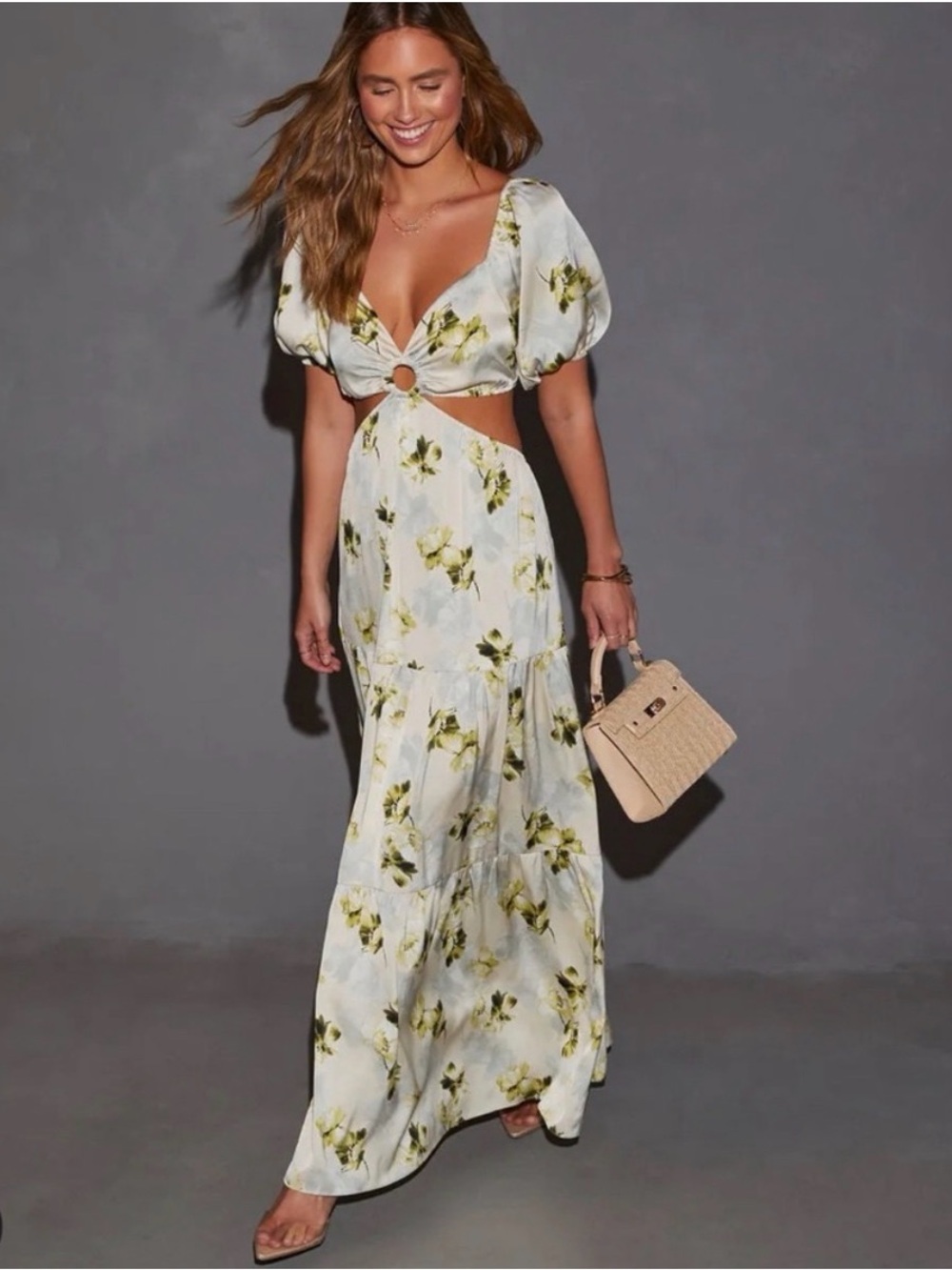 Vici Cream Maxi Dress with Cutout Accents and Green Florals